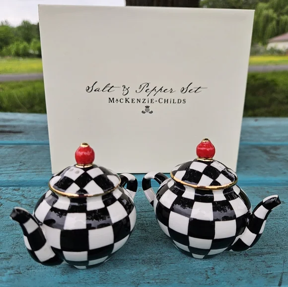 Mackenzie Childs Courtly Check Teapot Salt & Pepper Shakers - Picture 9 of 9